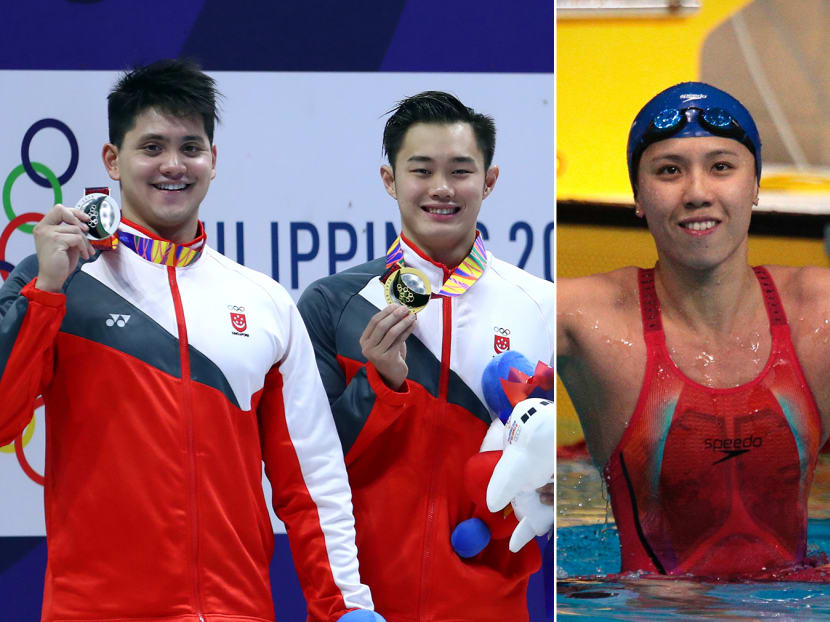 From left: National swimmers Joseph Schooling, Teong Tzen Wei and Amanda Lim.