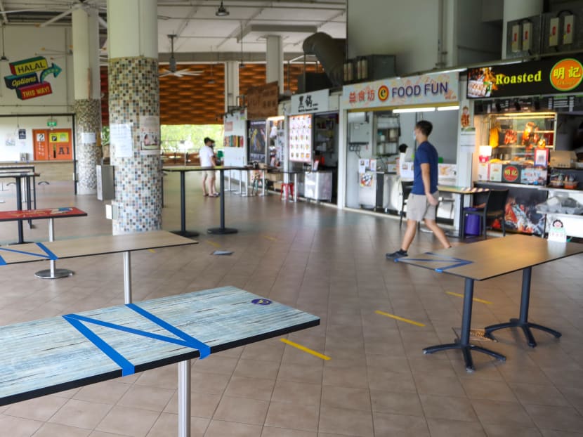 Pasir Ris Central Hawker and Food Centre on May 16, 2021, the first day of tighter Covid-19 restrictions. Pasir Ris Central Hawker and Food Centre on May 16, 2021, the first day of tighter Covid-19 restrictions.