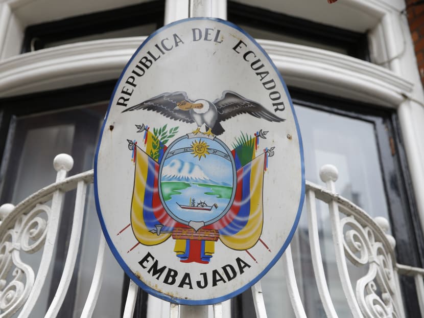 The Ecuadorian national emblem attached to railings outside their London Embassy, where Julian Assange has holed up. Photo: AFP