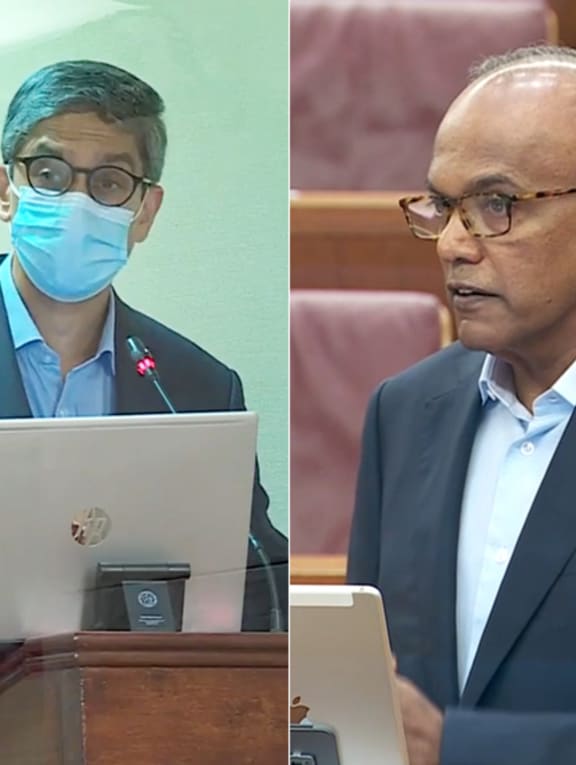 Mr Leon Perera (left), Workers' Party Member of Parliament, and Law and Home Affairs Minister K Shanmugam (right) speaking during a Committee of Supply debate on March 3, 2022.