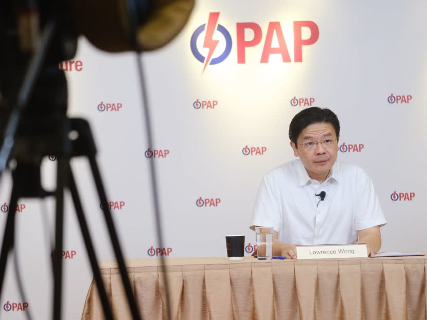 The People's Action Party's Lawrence Wong speaking to party activists at the party's headquarters in Bedok in July 2020.