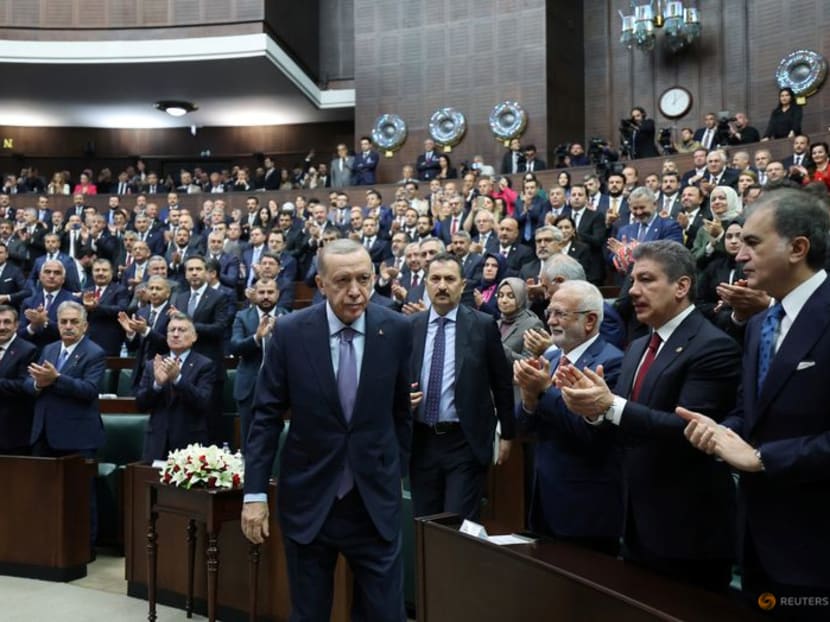 Turkish President Tayyip Erdogan attends a meeting with members of parliament from his ruling AK Party (AKP) at the Turkish parliament in Ankara, Turkey, October 25, 2023. Murat Cetinmuhurdar/PPO/Handout via REUTERS THIS IMAGE HAS BEEN SUPPLIED BY A THIRD PARTY. NO RESALES. NO ARCHIVES