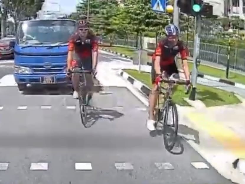 On Dec 22, 2018, along Pasir Ris Drive 3, cyclist Eric Cheung Hoyu (left) used his hand to hit the side mirror of a lorry driven by Teo Seng Tiong, who later swerved to hit him.