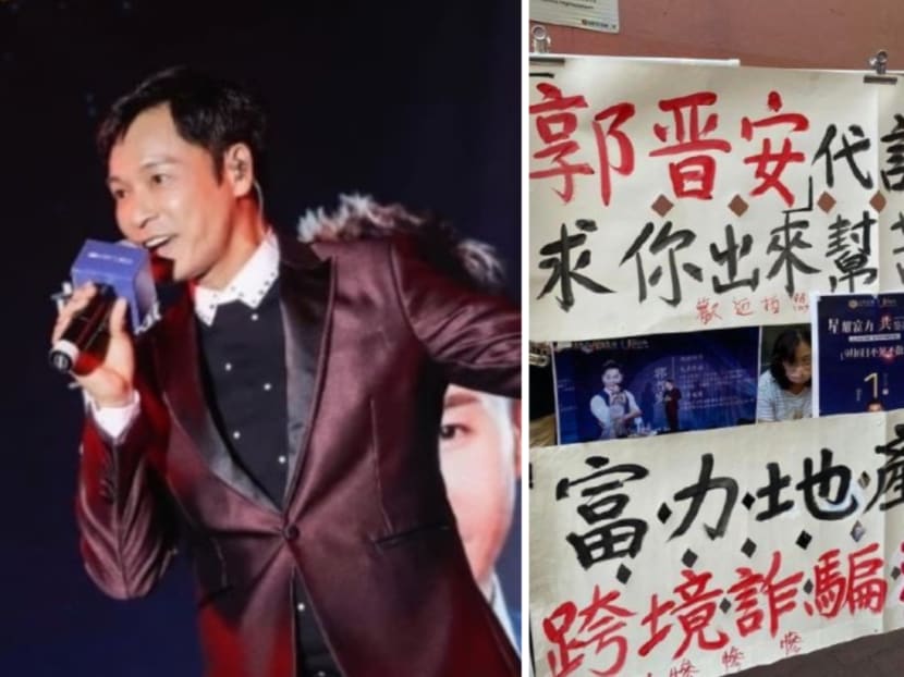 Fraud victims hang banners with TVB actor Roger Kwok’s name splashed across them in Hong Kong Fraud victims hang banners with TVB actor Roger Kwok’s name splashed across them in Hong Kong