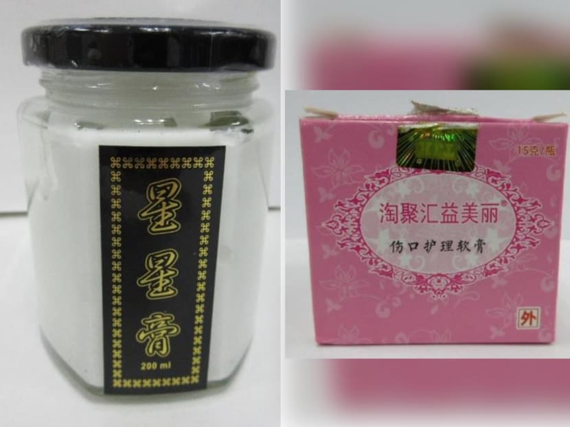 Star Cream (left) and Tao Ju Hui Yi Mei Li Shang Kou Hu Li Ruan Gao were among 12 products for which the Health Sciences Authoirty issued public alerts in 2022. They contained potent medicinal ingredients and banned substances.