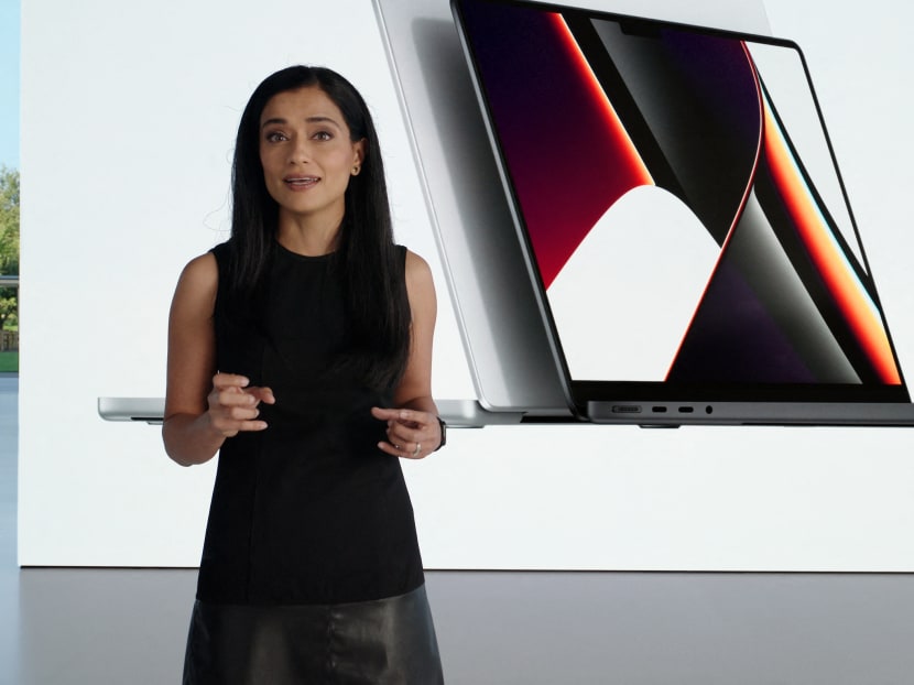 Apple’s Ms Shruti Haldea showcases the new MacBook Pro powered by the new M1 Pro and M1 Max chips during an online event unveiling new products at Apple Park in Cupertino, California on Oct 18, 2021.