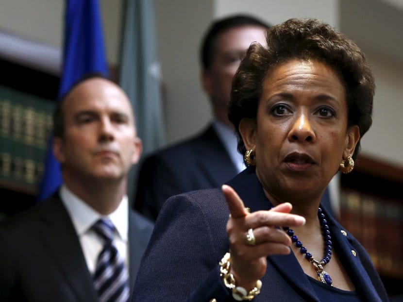 US Attorney General Loretta Lynch points during a news conference at the US Attorney's Office of the Eastern District of New York in the Brooklyn borough of New York May 27, 2015. Photo: Reuters
