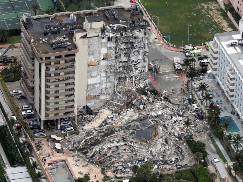An aerial view showing a partially collapsed building in Surfside near Miami Beach, Florida, United States on June 24, 2021.