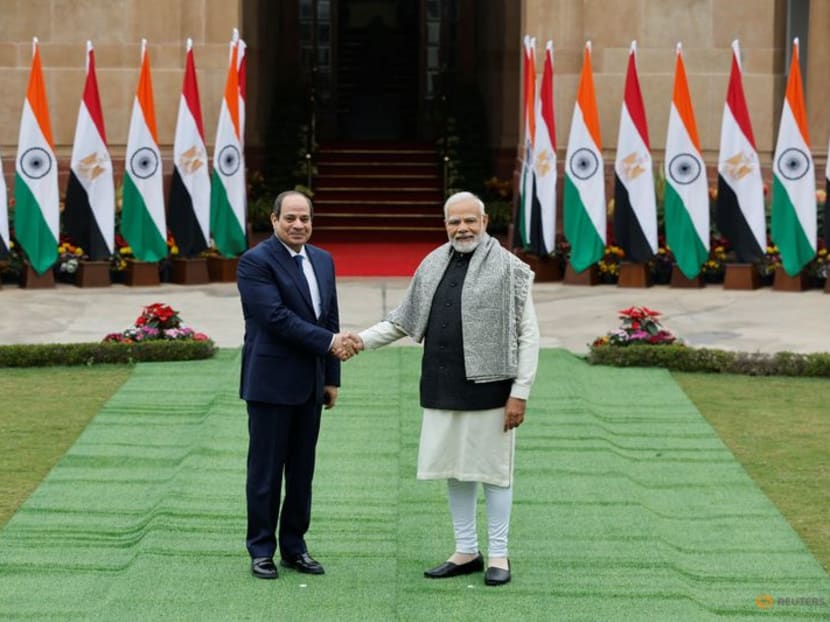 Egyptian President Abdel Fattah El Sisi shakes hands with Indian Prime Minister Narendra Modi before their meeting at the Hyderabad House in New Delhi, India, January 25, 2023. REUTERS/Adnan Abidi Egyptian President Abdel Fattah El Sisi shakes hands with Indian Prime Minister Narendra Modi before their meeting at the Hyderabad House in New Delhi, India, January 25, 2023. REUTERS/Adnan Abidi
