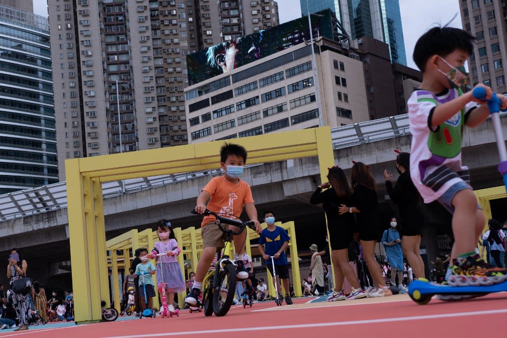 Children play at a newly opened East Coast Park Precinct in Hong Kong on Oct 17, 2021. Children play at a newly opened East Coast Park Precinct in Hong Kong on Oct 17, 2021.