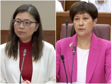 Leader of the House Indranee Rajah (right) and Ms Hazel Poa (left) from the Progress Singapore Party speaking in Parliament on Sept 19, 2023.