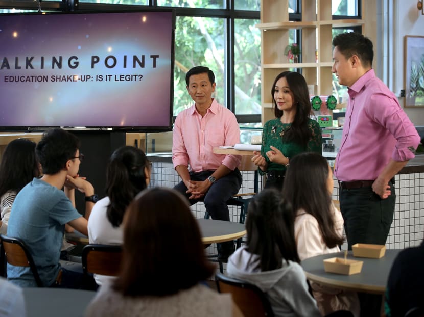 Education Minister Ong Ye Kung (third from left) at a forum with parents and students that was filmed for Channel 5’s Talking Point.