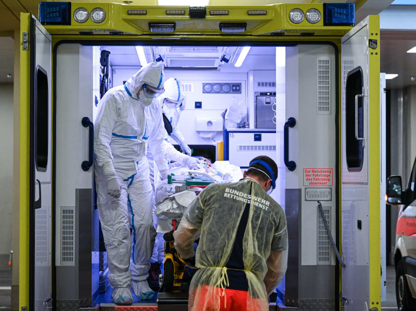 A corona patient from France arrives at the Bundeswehr hospital in Ulm, southwestern Germany on March 29, 2020.