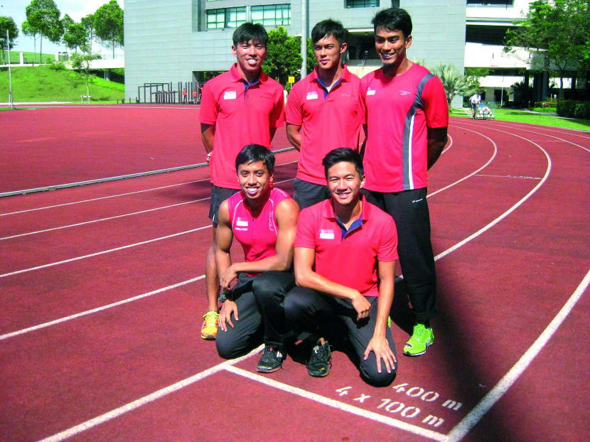The 4x100m relay team of (clockwise from top left) Gary Yeo, Lee Cheng Wei, Muhammad Elfi Mustapa, Calvin Kang and Muhammad Amirudin Jamal aim to put up a good show in Myanmar. Photo: Low Lin Fhoong