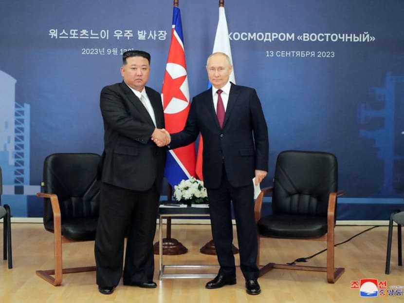 Russia's President Vladimir Putin and North Korea's leader Kim Jong Un attend a meeting at the Vostochny Cosmodrome in the far eastern Amur region, Russia, on Sept 13, 2023 in this image released by North Korea's Korean Central News Agency.