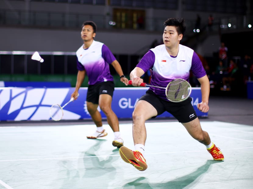 Danny Chrisnanta and Chayut Triyachart of Singapore in action in thier men's doubles match against Akshay Dewalkar and Pranaav Chopra of India in the Mixed Team Bronze medal final at Emirates Arena on July 28, 2014 in Glasgow. Photo: Getty Images