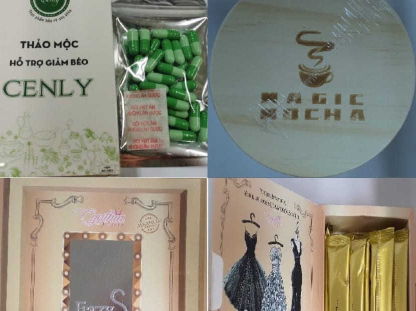 Products containing sibutramine, a banned substance: Thao Moc Ho Tro Giam Beo Cenly (top left), Magic Mocha (top right) and Cynthia Beauty EazyS Instant Coffee Powder (bottom).