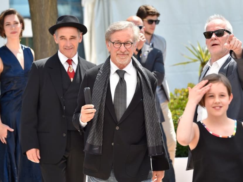(From left) British actress Rebecca Hall, British actor Mark Rylance, US director Steven Spielberg and US actress Ruby Barnhill arrive on May 14, 2016 to attend a photocall for the film The BFG at the 69th Cannes Film Festival. Photo: AFP