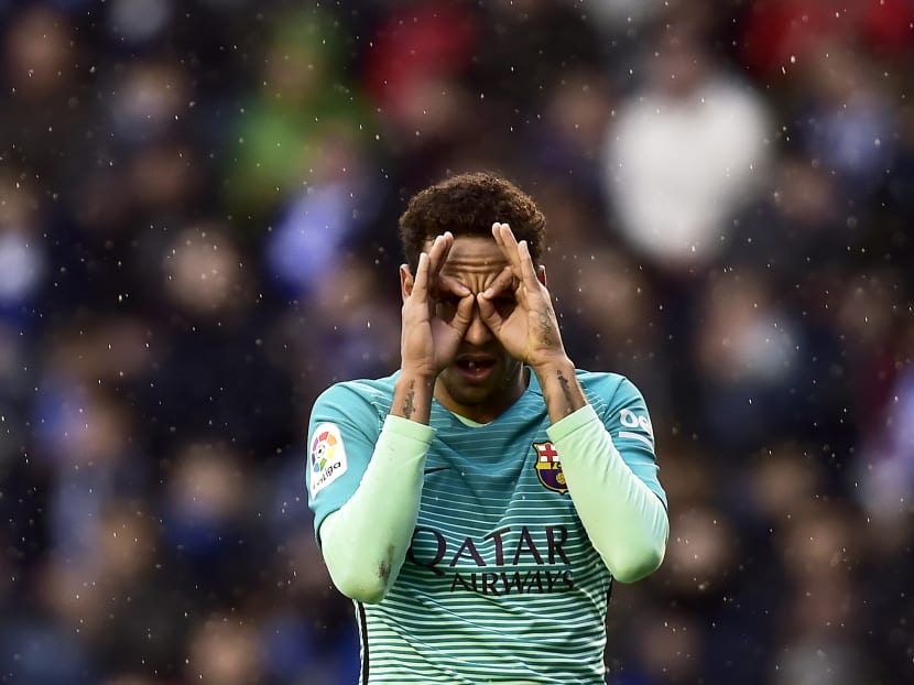 Barcelona’s Neymar celebrating after scoring in the 6-0 away win over Alaves in a La Liga match on Saturday. Barca versus PSG sounds like an enticing match-up, but this will be the teams’ fourth meeting in five seasons, in contrast to the old European Cup, when the meeting of various champions had a real rarity value. Photo: AP