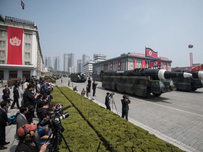 This picture taken on April 15, 2017 shows an unidentified rocket, reported to be a Hwasong-type missile similar to the one used in a May 14, 2017 test launch, at a military parade in Pyongyang. North Korea said May 15, 2017 it had successfully tested a new type of rocket in its latest missile launch. Photo: AFP