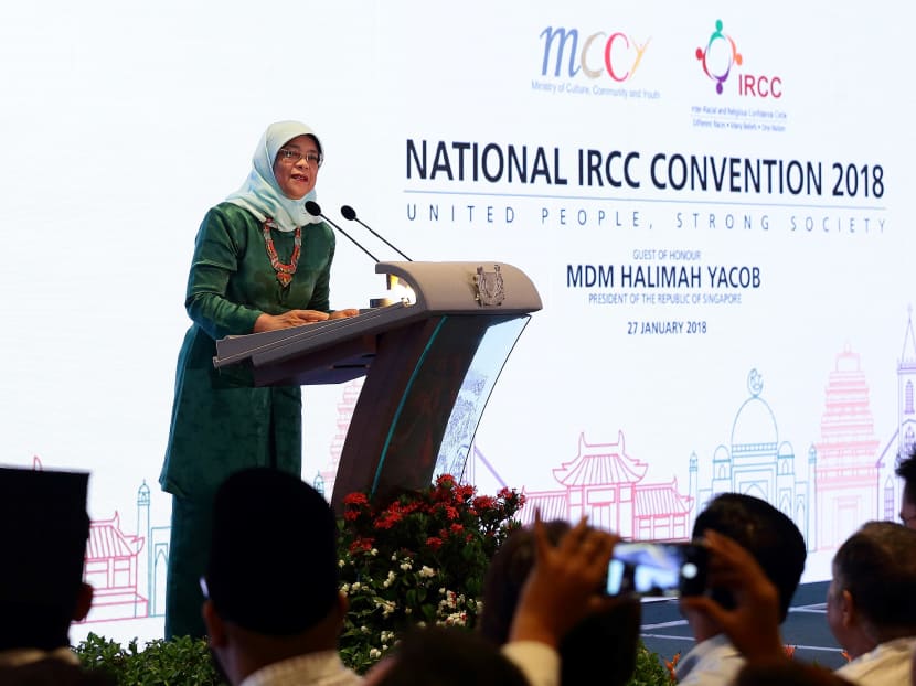 President Halimah Yacob delivers her keynote address at the National IRCC Convention 2018 on Jan 27, 2018. Photo: MCCY
