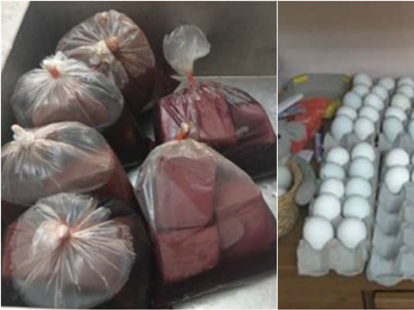 Bags of pig's blood (left) and uncooked fertilised eggs, also known as balut, were found in a flat. Photos: AVA