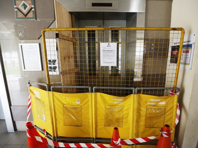 The lift that severed an elderly woman’s hand at Block 322, Tah Ching Road. All lifts should be maintained and serviced regularly to ensure they are working at optimum levels and that all safety features are in working order. TODAY FILE PHOTO