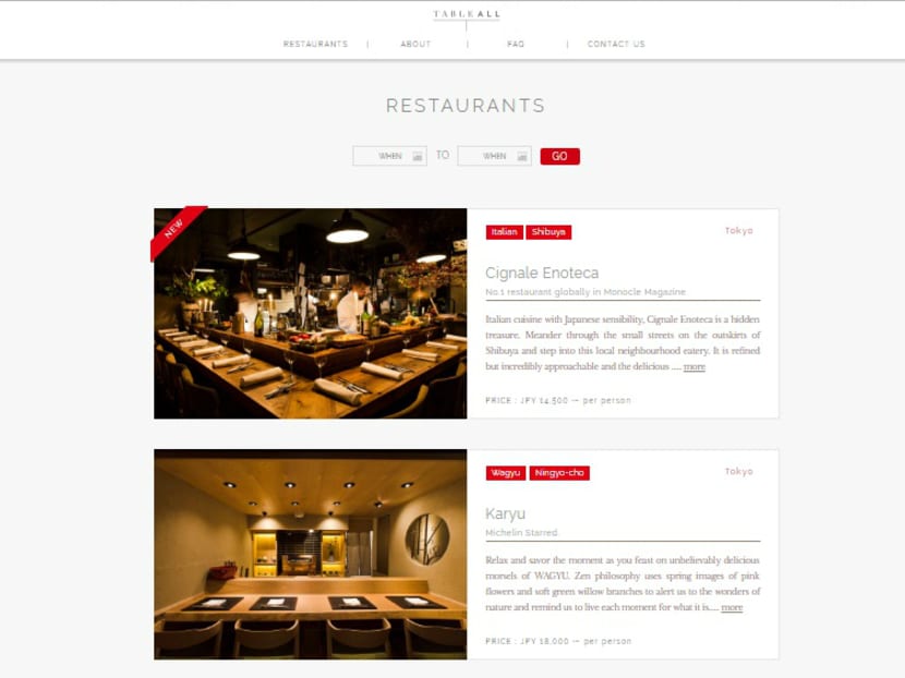A screenshot showing Tableall's restaurant booking website. Photo: Tableall