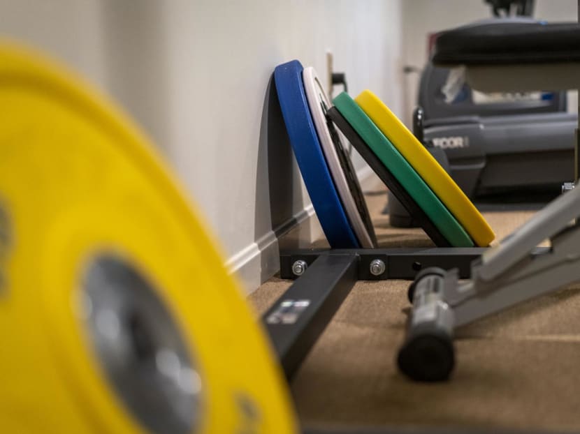 Weights at the home of Ms Laura Khoudari in South Hadley on July 5, 2022. Experts say that weight lifting can be a healthy way for many trauma survivors to feel powerful and capable again.