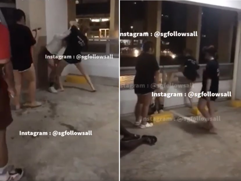 Screengrab from video clips showing three females in black tees hitting, kicking and wrestling a girl to the ground.