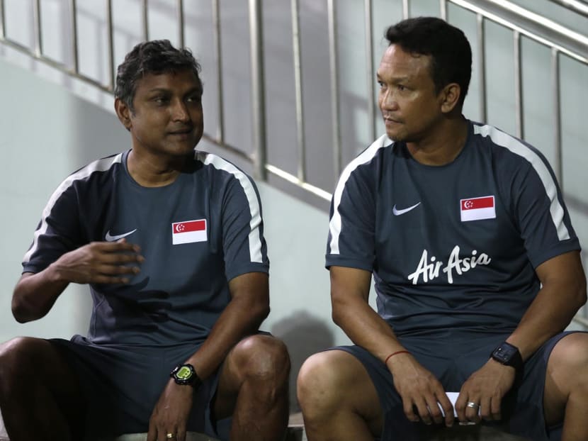 V Sundramoorthy (L) and Fandi Ahmad (R) during a Lions training session on July 11. TODAY file photo