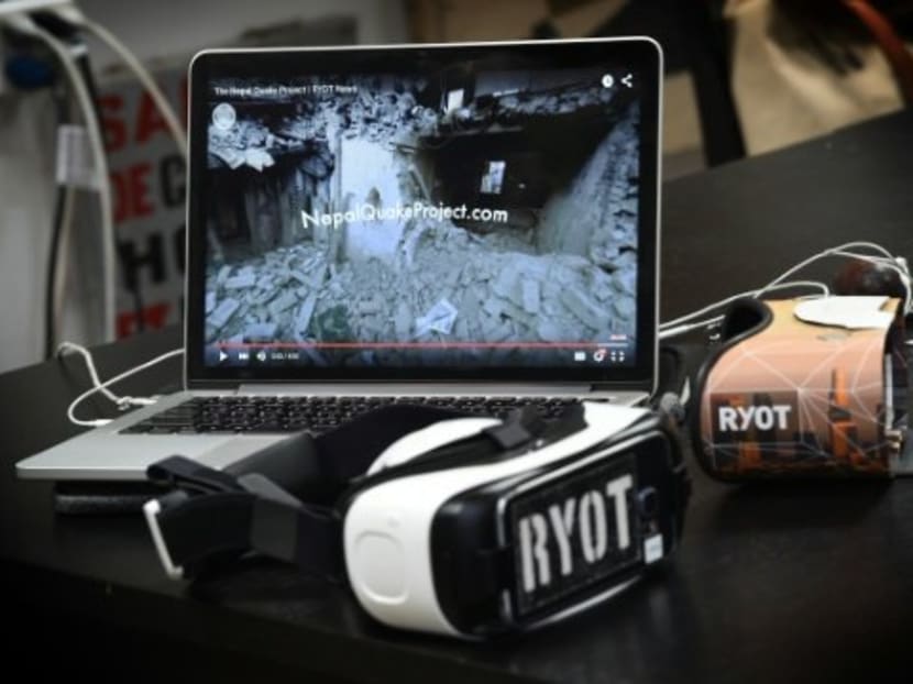 Virtual reality headsets used to view RYOT productions at their offices in Los Angeles, California. Photo: AFP