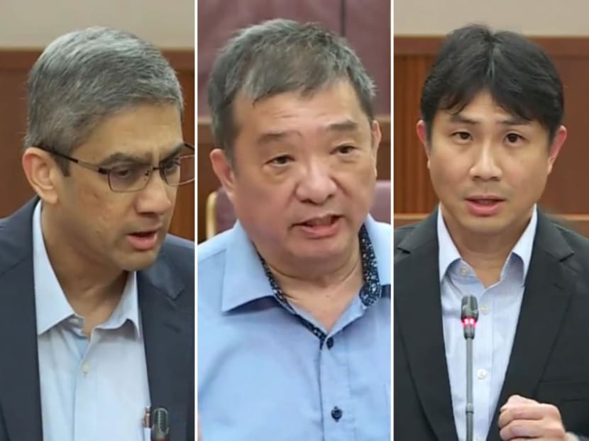 (Left to right) Workers' Party MP Leon Perera, People's Action Party MP Sitoh Yih Pin and Workers' Party MP Jamus Lim in Parliament on Nov 7, 2022.