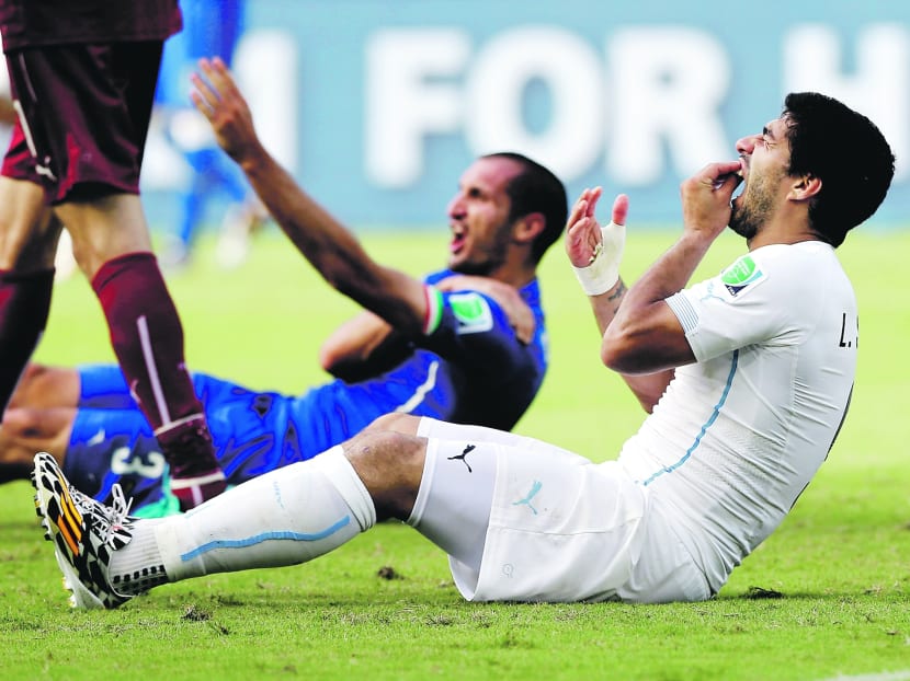 Uruguay's Luis Suarez holds his teeth after running into Italy's Giorgio Chiellini's shoulder during the group D World Cup soccer match between Italy and Uruguay at the Arena das Dunas in Natal, Brazil, June 24, 2014. Photo: AP