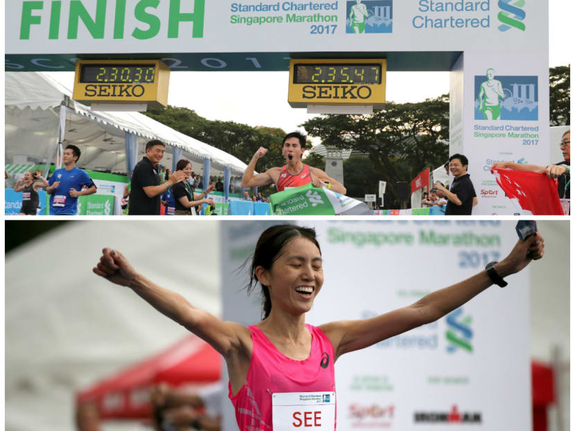 Two-time SEA Games gold medallist Soh Rui Yong (top) and Rachel See were crowned national champions at the Standard Chartered Singapore Marathon (SCSM) on Sunday (Dec 3) after emerging as the top local finishers. Photo: Standard Chartered Singapore Marathon 2017