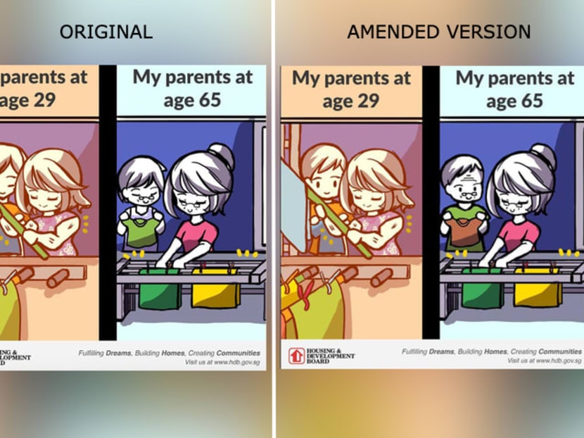 The left-hand panel, posted by HDB on its Facebook page in May, drew some comments suggesting both parents look like women. On Thursday (June 16), HDB amended the graphic, as shown in the right-hand panel, "to avoid misunderstanding".