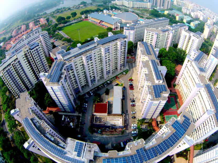 Flats in Jurong fitted with solar panels by Sunseap, Singapore’s largest solar leasing project. Photo: Sunseap