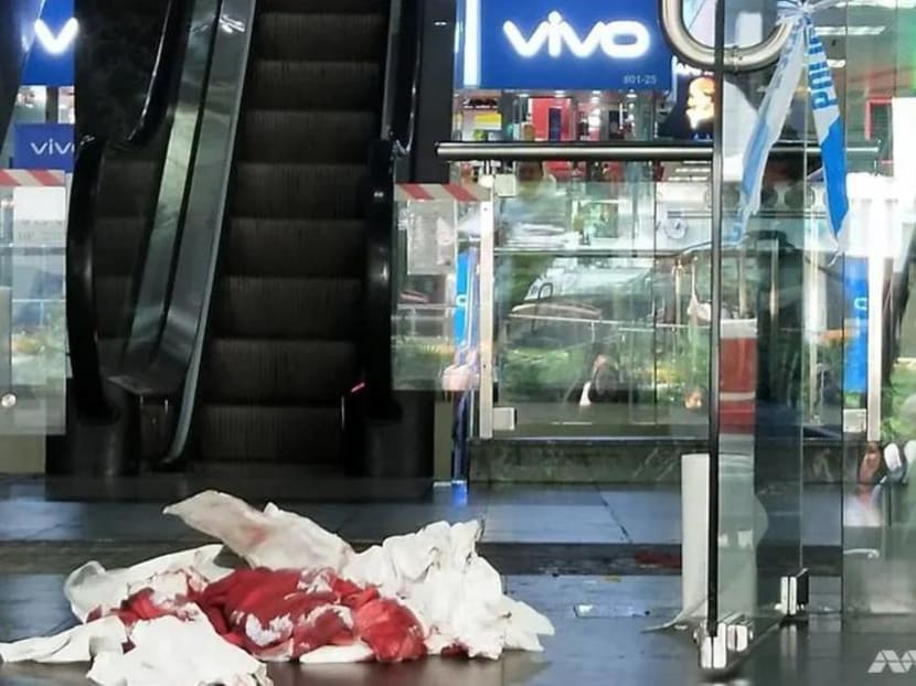 Pieces of tissue paper soaked in blood seen at the entrance of Orchard Towers on July 2, 2019. Pieces of tissue paper soaked in blood seen at the entrance of Orchard Towers on July 2, 2019.