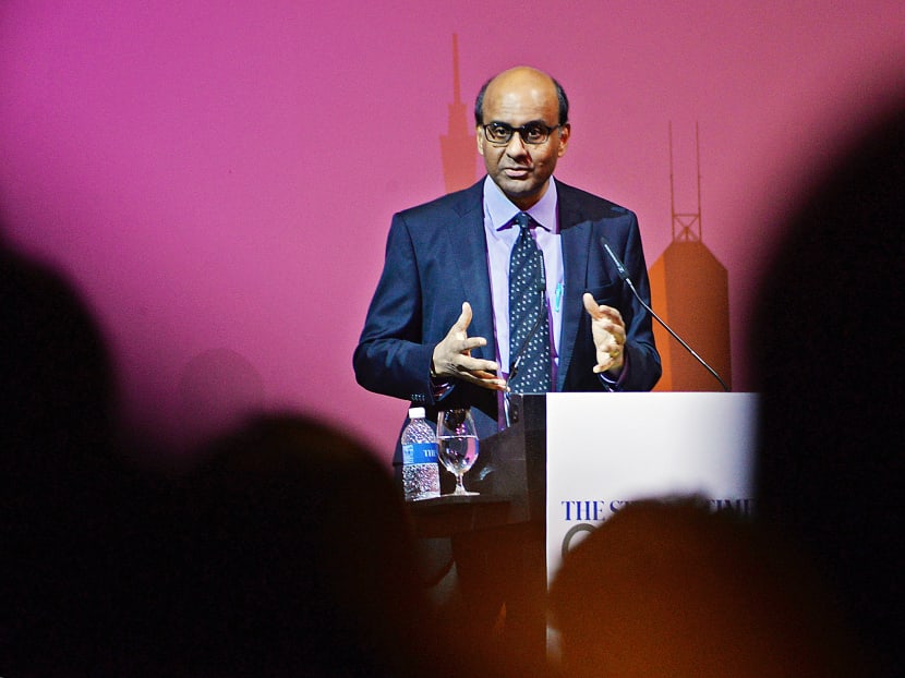 DPM Tharman detailed the ‘new phase of global affairs’, and how Singapore can best the challenges that come with it, at the Straits Times Global Outlook Forum 2015. Photo: Robin Choo/TODAY
