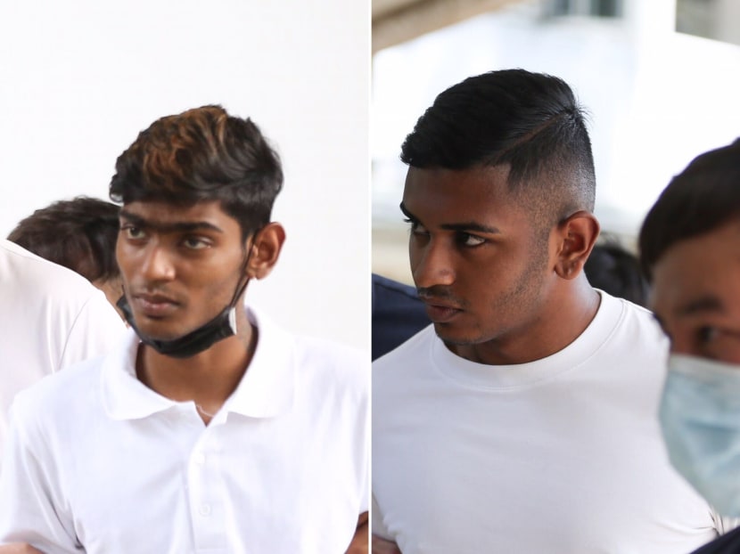 Niswan Thiruchelvam (left), 19, and Muhammad Sajid Saleem (right), 20, at the scene of the alleged attack at Block 175 Boon Lay Drive.
