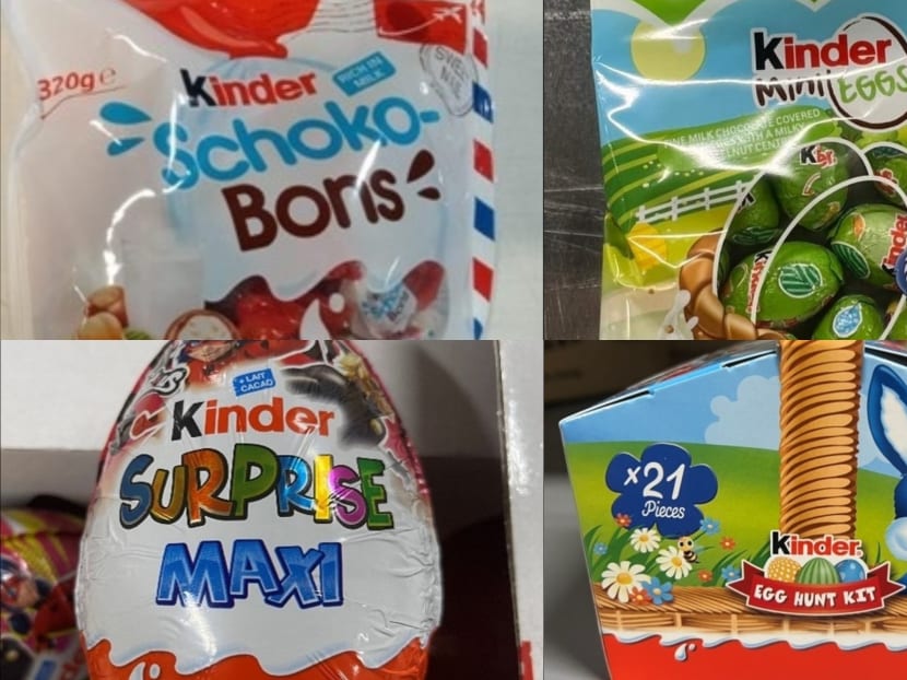 Kinder Schokobons (top left), Kinder Surprise Maxi (bottom left), Kinder Mini Eggs (top right) and Kinder Egg Hunt Kit (bottom right) have been recalled by the Singapore Food Agency.