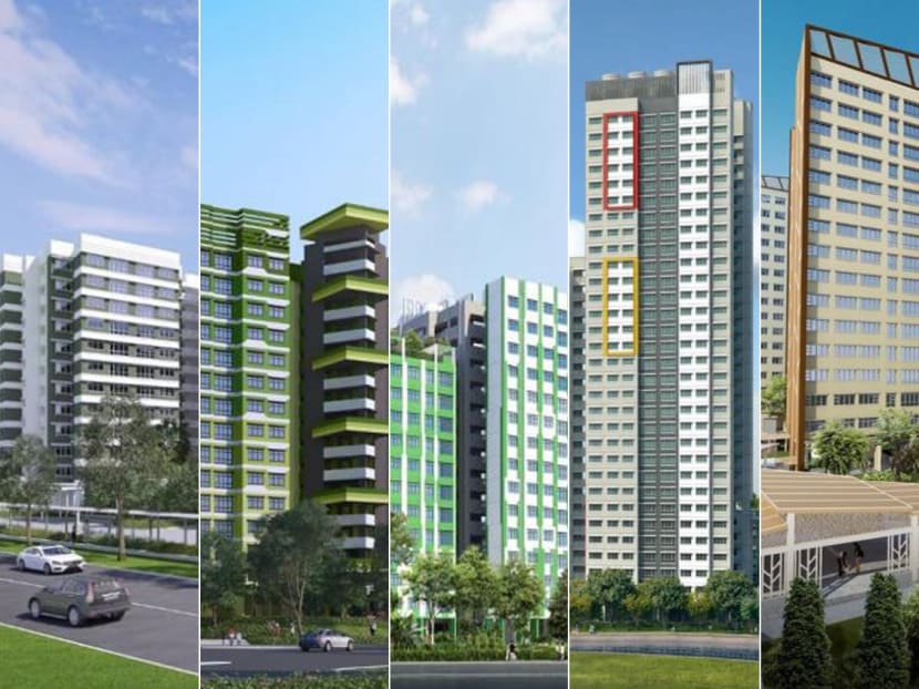 (From L-R) Artist's impressions of Ubi Grove, Tampines GreenDew, Tampines GreenFoliage, Teck Whye View and Woodlands Glade. Photo: HDB