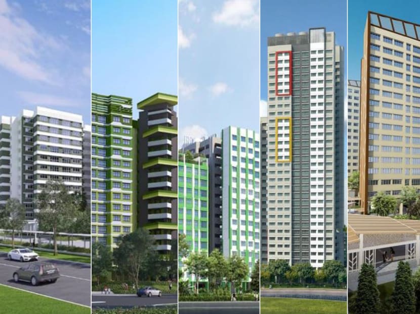 (From L-R) Artist's impressions of Ubi Grove, Tampines GreenDew, Tampines GreenFoliage, Teck Whye View and Woodlands Glade. Photo: HDB (From L-R) Artist's impressions of Ubi Grove, Tampines GreenDew, Tampines GreenFoliage, Teck Whye View and Woodlands Glade. Photo: HDB
