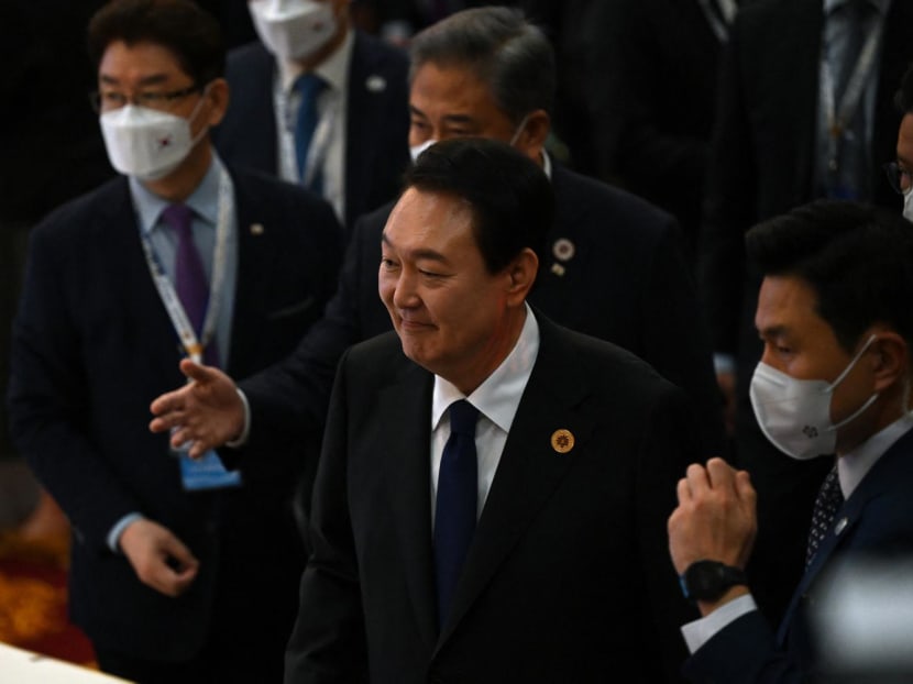 South Korea's President Yoon Suk-yeol (centre) arrives for the East Asia Summit as part of the 40th and 41st Association of Southeast Asian Nations (ASEAN) Summits in Phnom Penh on Nov 13, 2022.
South Korea's President Yoon Suk-yeol (centre) arrives for the East Asia Summit as part of the 40th and 41st Association of Southeast Asian Nations (ASEAN) Summits in Phnom Penh on Nov 13, 2022.
