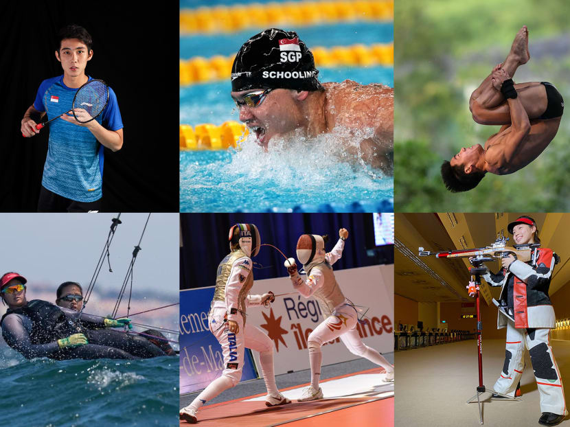 (Clockwise from top left) Shuttler Loh Kean Yew, swimmer Joseph Schooling, diver Jonathan Chan, shooter Adele Tan, fencer Amita Berthier and sailors Kimberly Lim and Cecilia Low will be some of the athletes representing Singapore at the upcoming Tokyo Olympic Games next month.