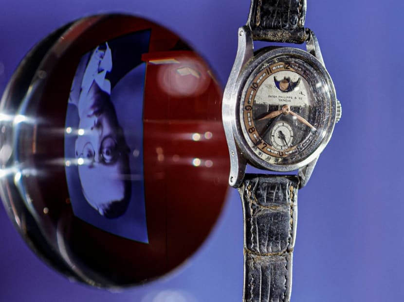 A Patek Philippe Reference 96 Quantieme Lune formerly from the collection of China's last emperor of the Qing Dynasty Aisin-Gioro Puyi is seen during a preview at Phillips auction house, in Hong Kong, China, on May 19, 2023