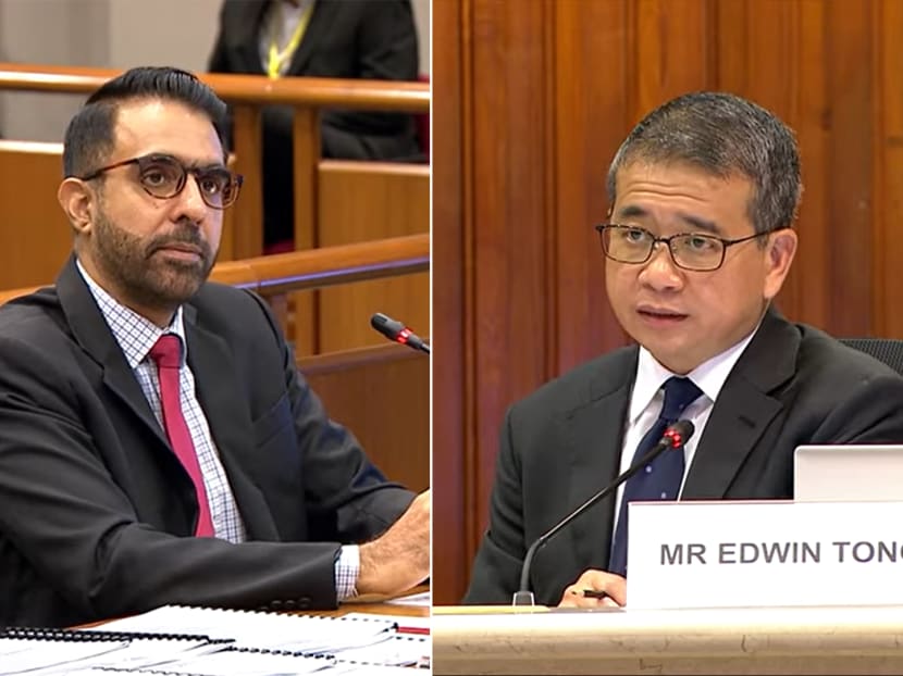 Workers' Party chief Pritam Singh (left) and Mr Edwin Tong, Minister for Culture, Community and Youth, at a hearing by the Committee of Privileges on Dec 10, 2021.