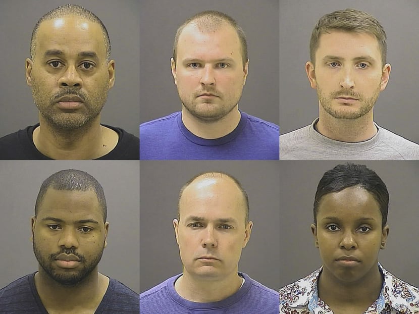 Photos provided by the Baltimore Police Department of, top row from left: Caesar Goodson Jr, Garrett Miller and Edward Nero, and bottom row from left: William Porter, Brian Rice and Alicia White, the six police officers charged with felonies ranging from assault to murder in the death of Freddie Gray. Photo: AP