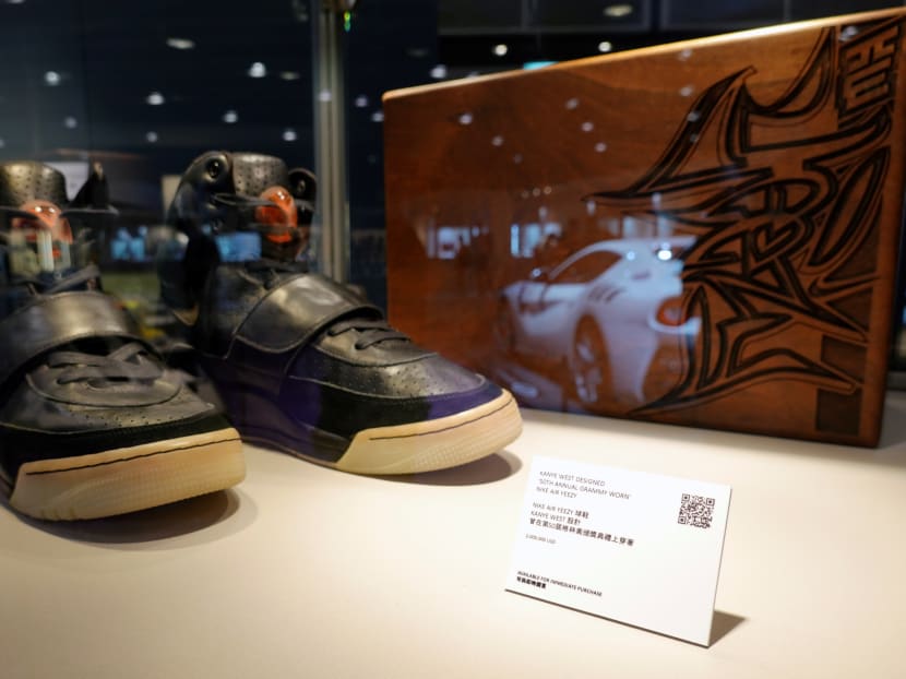 A pair of Nike Air Yeezy 1 prototype sneakers, designed by Kanye West, are displayed at the Hong Kong Convention and Exhibition Centre. The shoes were sold for US$1.8 million at a Sotheby's auction on April 26, 2021.