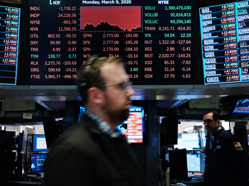 Traders work on the floor of the New York Stock Exchange on Monday (March 9) in New York City.